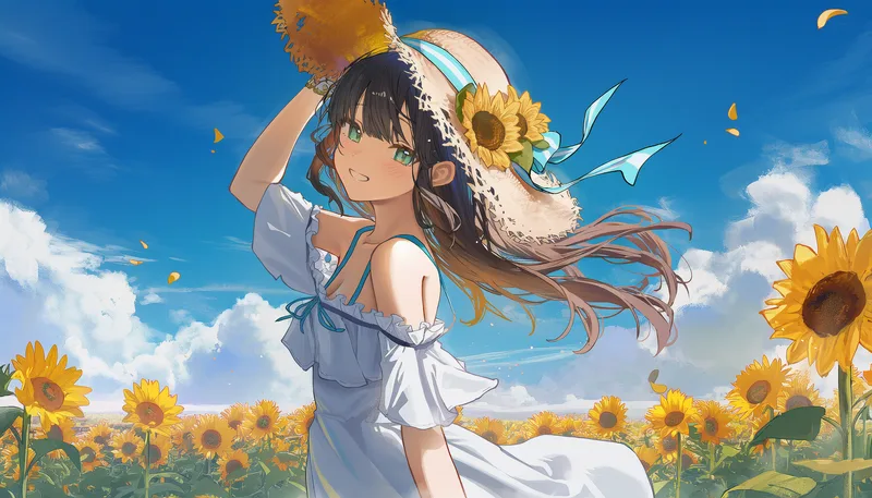 向日葵花田中的女孩