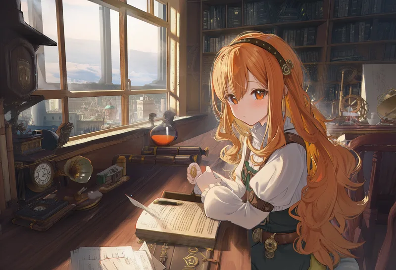 书房窗边的少女