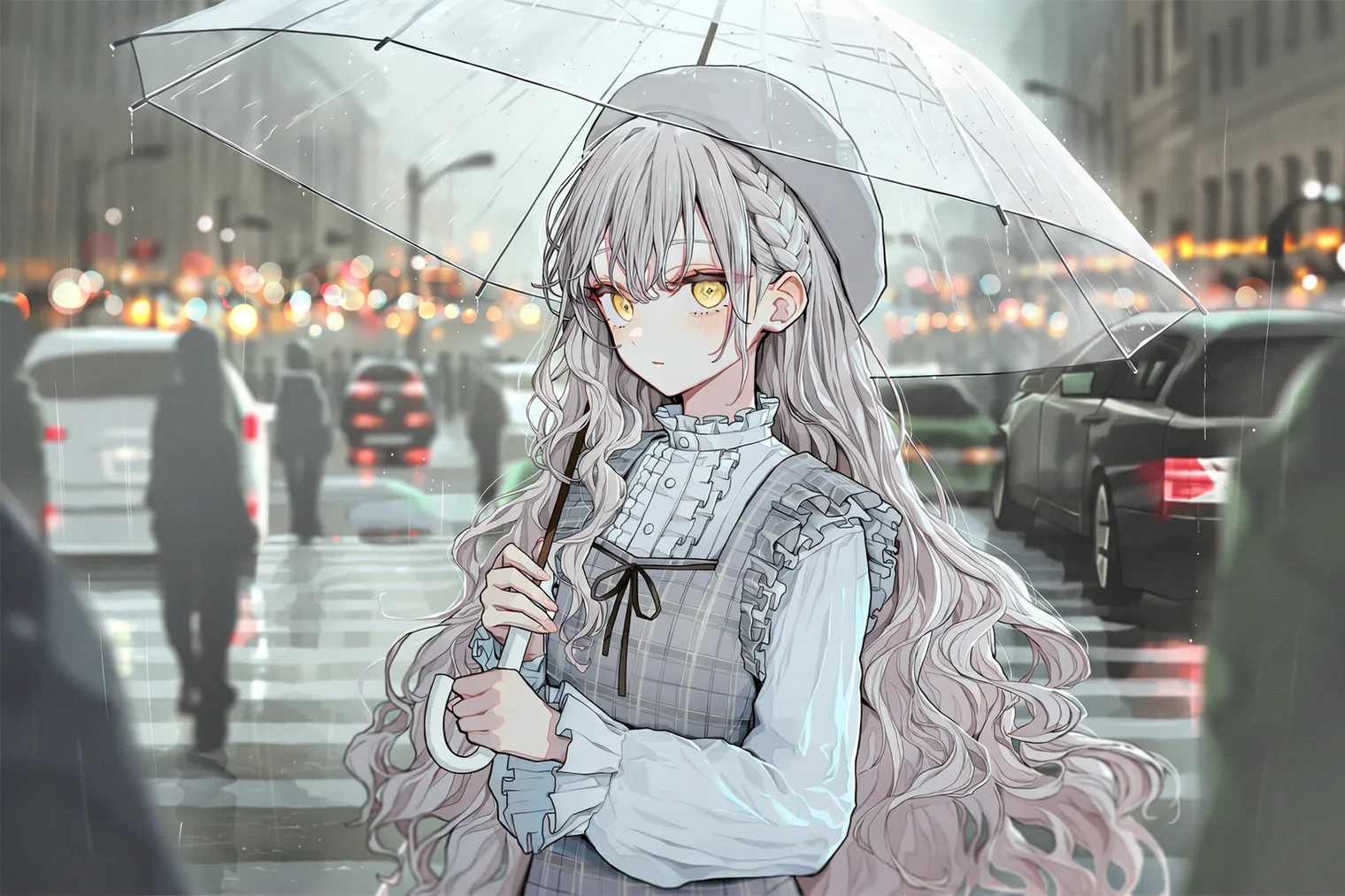 诺姆撑着透明雨伞走在城市街道
